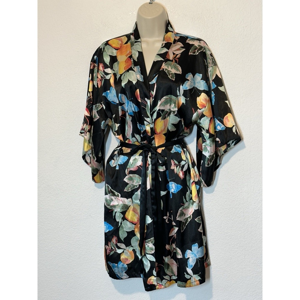 Womens M Silky Satin Kimono Robe Black Butterflies & Peaches Soft Girl Whimsigot